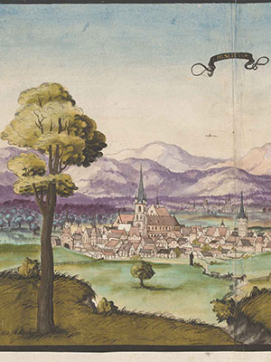 Ansicht: Pilsen (Plzeň) mit Rocikan (Rokycany) und Burg Radyne (Hrad Radyně)